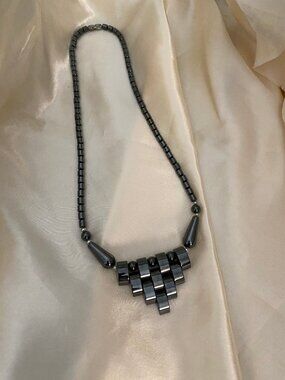 Princess drop Hematite Grounding Statement Necklace Metallic Grey Modern Design